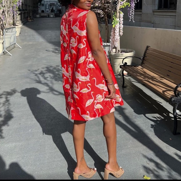 Flamingo Print Red Mini Dress Back Buttons Gold Accents Buru NWT - Picture 8 of 9